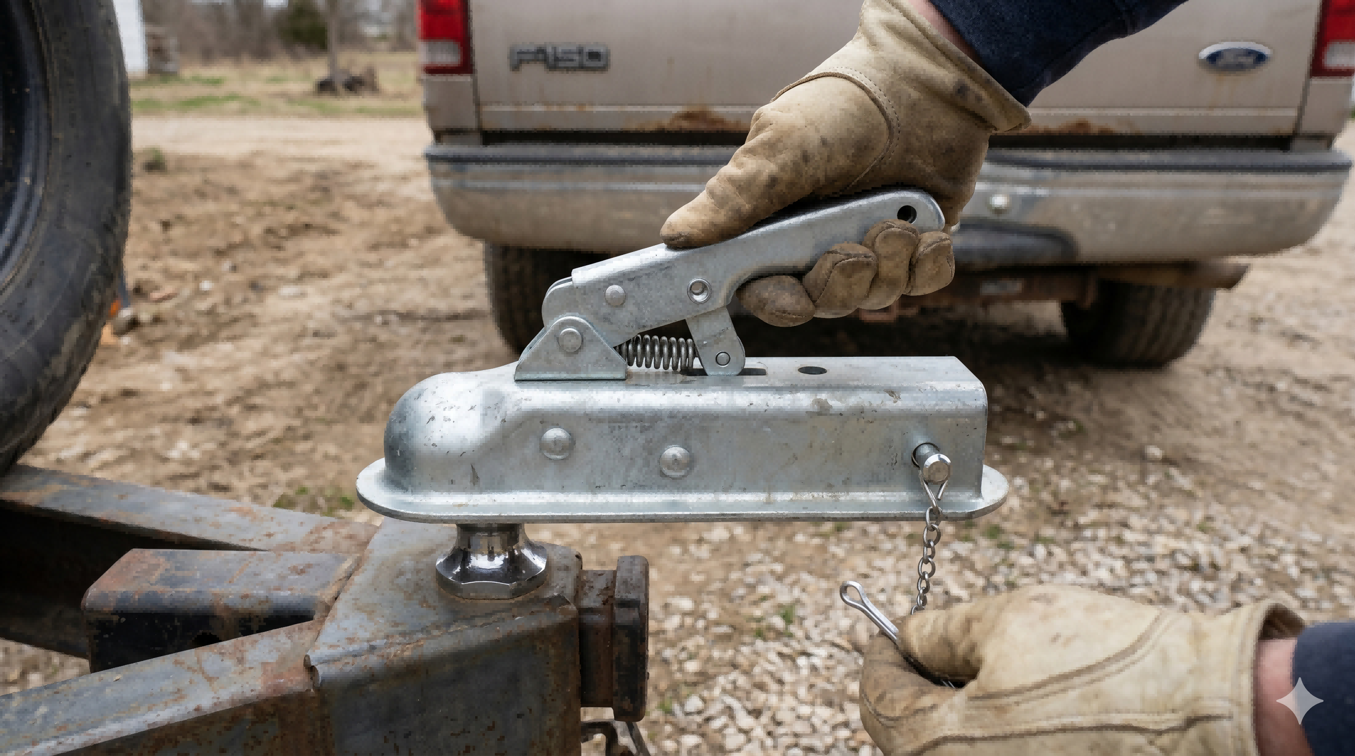 Manual trailer coupler latch being secured by hand with a safety pin during trailer hookup